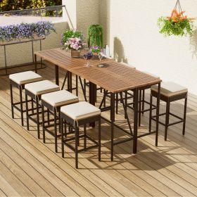 GO 10-Piece Outdoor Acacia Wood Bar Height Table And Eight Stools With Cushions, Garden PE Rattan Wicker Dining Table, Foldable Tabletop GO 10-Piece Outdoor Acacia Wood Bar Height Table And Eight Stools With Cushions, Garden PE Rattan Wicker Dining Table, Foldable Tabletop