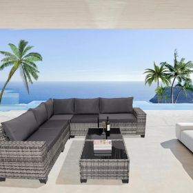 7-Piece Outdoor Patio Furniture Sets, All-Weather Wicker Rattan Sectional Sofa, Modern Two Glass Coffee Table and Washable Seat Cushion (Grey) 7-Piece Outdoor Patio Furniture Sets, All-Weather Wicker Rattan Sectional Sofa, Modern Two Glass Coffee Table and Washable Seat Cushion (Grey)